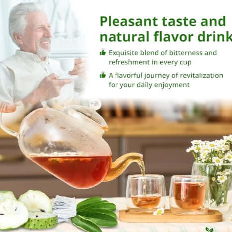 Organic soursop tea in a glass teapot with cups, showcasing its refreshing flavor and healthy benefits.
