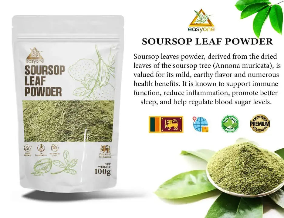 Premium soursop leaf powder package showcasing 100g of organic dried powder, highlighting health benefits and certifications.