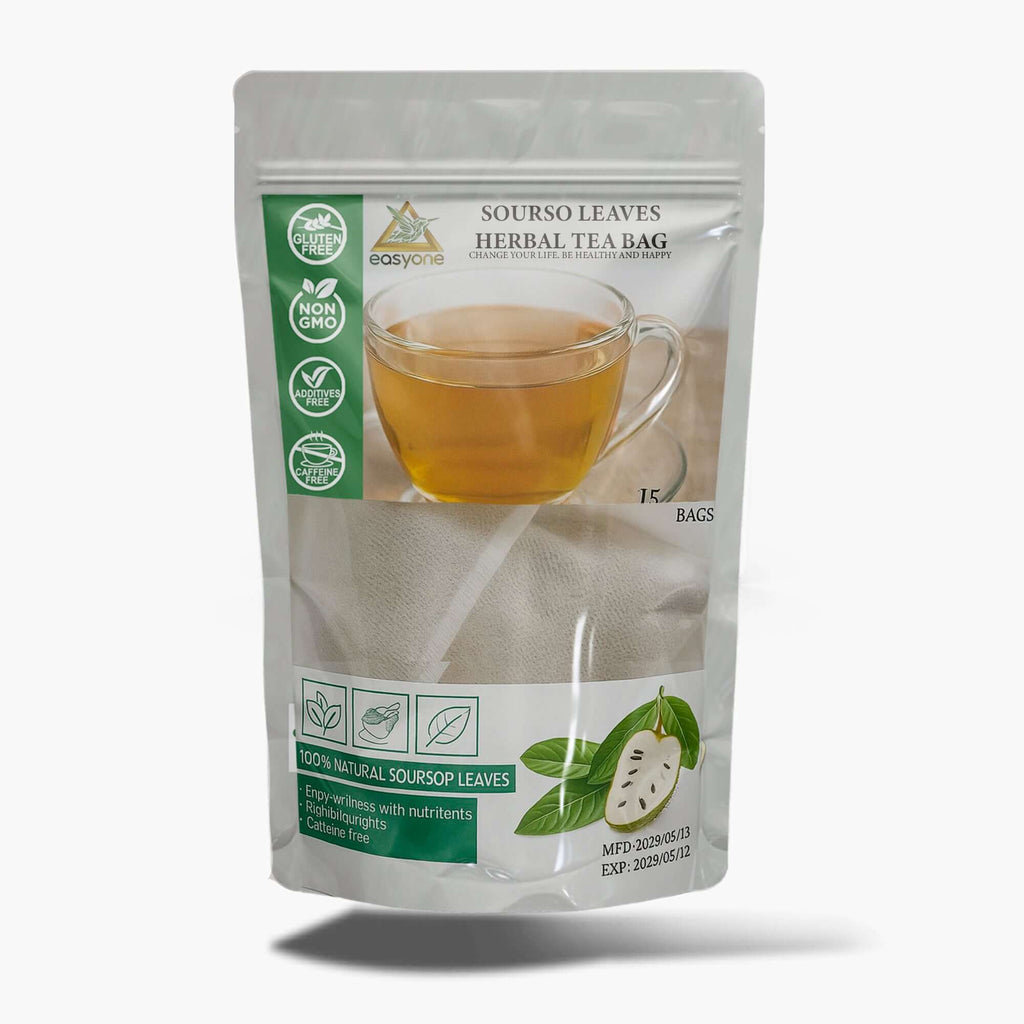 Organic Soursop Herbal Tea Bags packaging with brewed tea in a glass cup.